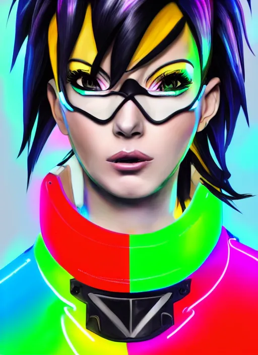 Image similar to full bod digital illustration portrait of tracer overwatch, confident pose, full body, full body, wearing black jagged iridescent rainbow latex armor, rainbow, neon, 4 k, expressive surprised expression, makeup, wearing large rainbow neon choker, studio lighting, acid, trippy, black leather harness, expressive detailed face and eyes,