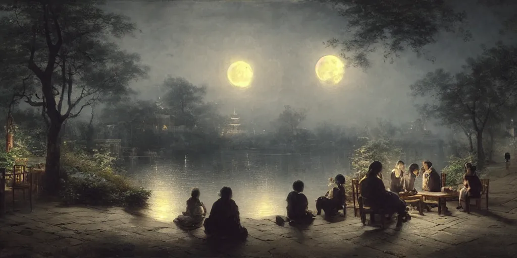 Prompt: an asian outdoor garden, family sitting at dining table center frames, full moon on the sky, the night is late, by andreas achenbach, artgerm, mikko lagerstedt, zack snyder, tokujin yoshioka