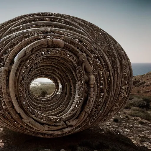 Prompt: a gigantic paleolothic torus made of stone with highly detailed carvings of intricate shamanic robotic electronics and circuitry, in a mediterranean lanscape, inside a valley overlooking the sea, in the style of michal karcz