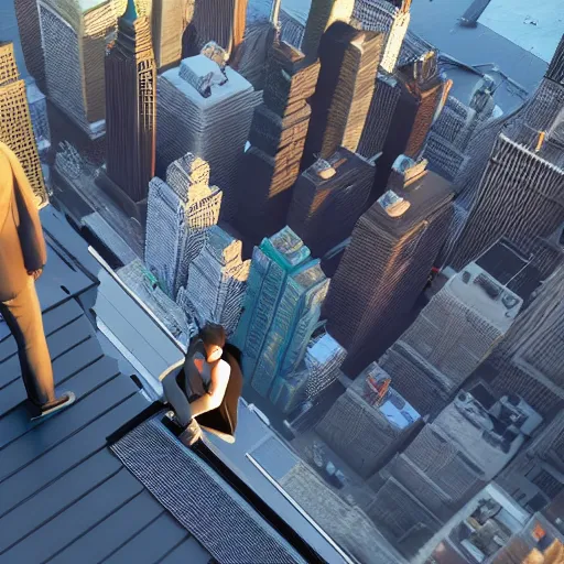 Prompt: A person standing on top of a rooftop with New York City below, 3D, Unreal Engine