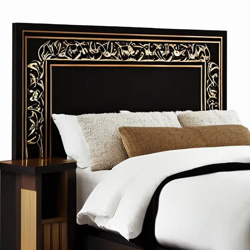 Prompt: award-winning catalog photo modern headboard in the shape of an ornate fireplace mantel master bedroom