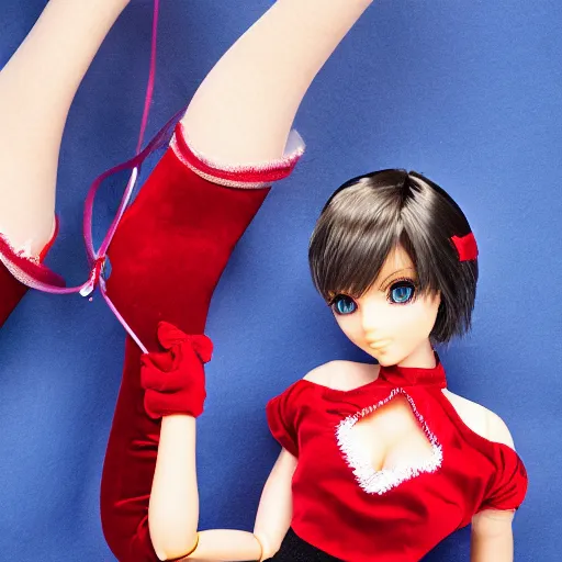 Image similar to anime barbie doll, in red velvet stockings, a nurse's dress, full length, heels on her feet