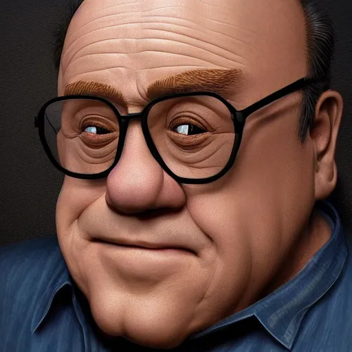 Image similar to hyperrealistic mixed media realistic sculpture of danny devito, stunning 3 d render inspired art by xiang duan and thomas eakes, perfect facial symmetry, hyper realistic texture, realistic, highly detailed attributes and atmosphere, dim volumetric cinematic lighting, 8 k octane detailed render, post - processing, masterpiece,