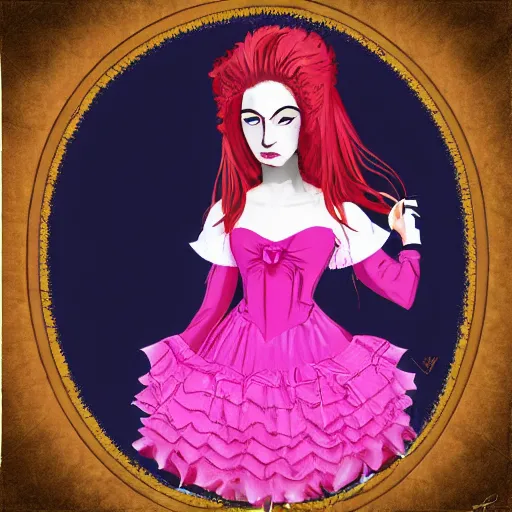 Image similar to the vampire princes in a cute pink frilly dress. digital art