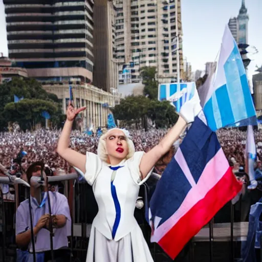 Image similar to Lady Gaga as Evita, Argentina presidential rally, Argentine flags behind, bokeh, epic photo, detailed face, Argentina