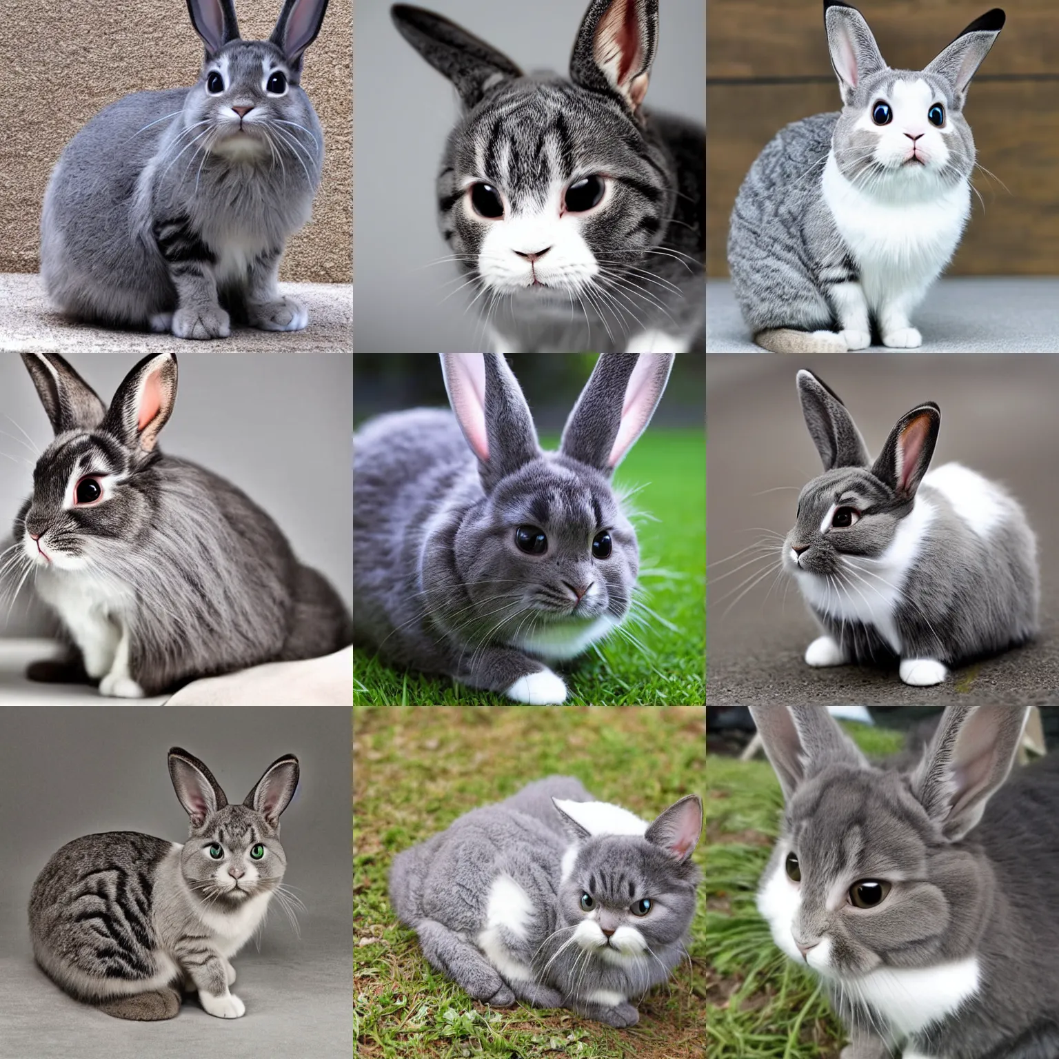 Prompt: a bunny cat - a cat combined / merged with a rabbit, grey