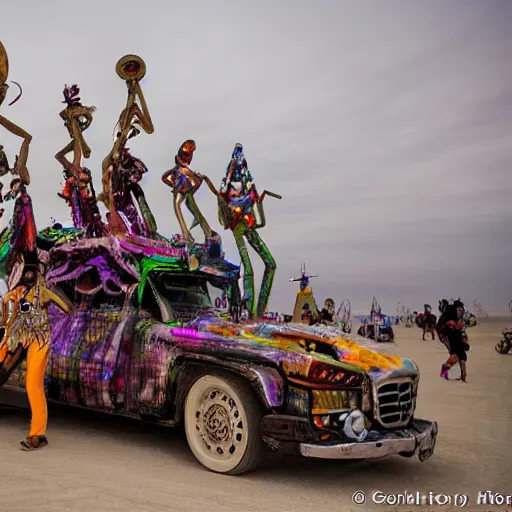 Prompt: aliens dancing on a art car at burningman