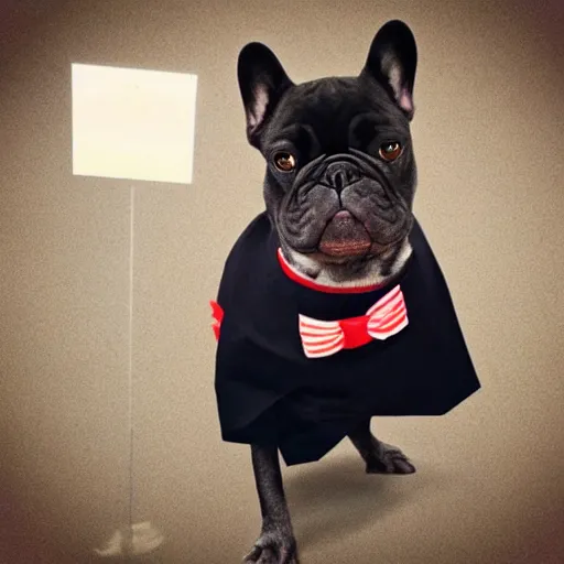 Image similar to black French Bulldog dressed as a chef