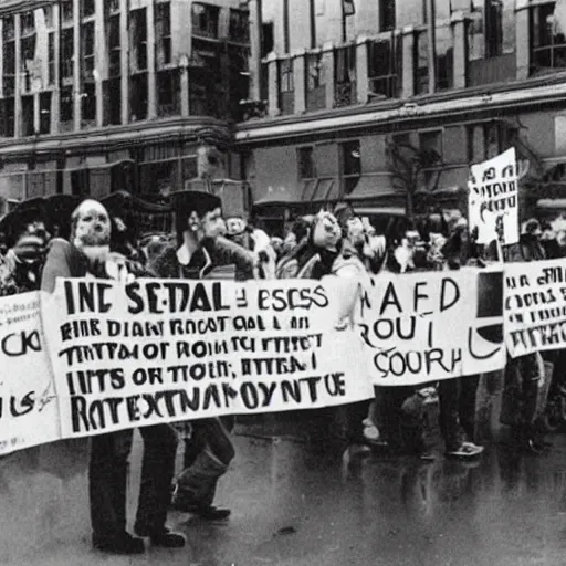 Prompt: robots rights protest, vintage press photo