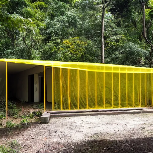 Prompt: exterior shot of a brutalist concrete house with translucent yellow mesh tarps in a dense jungle