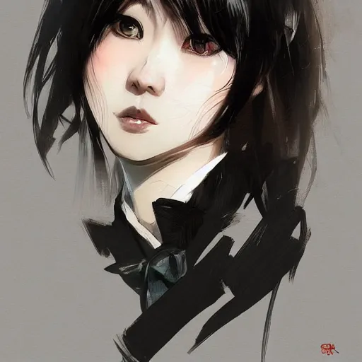 Image similar to portrait of a beautiful korean girl wearing a men's tuxedo, with bangs, long hair and bangs, angular features, angry expression, dramatic lighting, illustration by Greg rutkowski, yoji shinkawa, 4k, digital art, concept art, trending on artstation