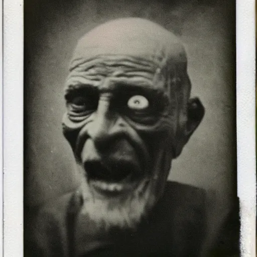 Image similar to a realistic polaroid photo of an old man after a failed experiment inside a laboratory, the head of the old man is deformed and dark, evil god, cosmic horror