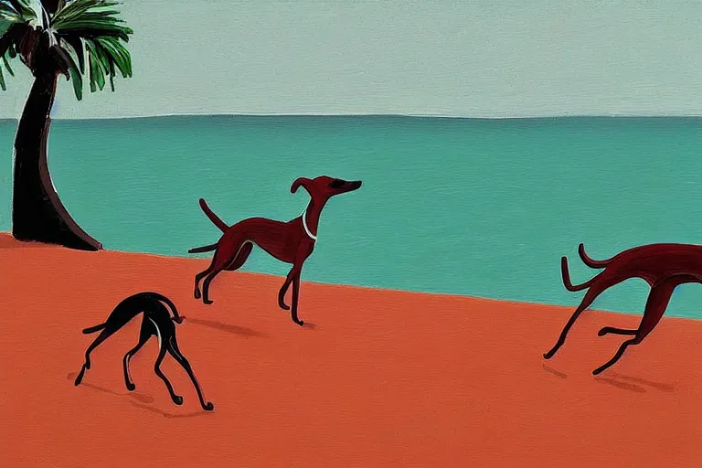 Prompt: whippet running at beach, painting by david hockney, highly detailed