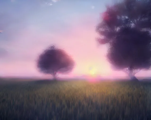 Image similar to a field at dawn, illustrated by wlop, extremely detailed, 8 k, trending on pixiv, cinematic lighting, beautiful