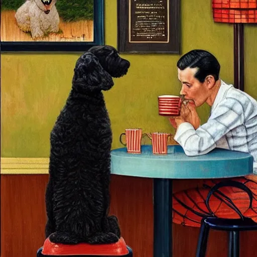 Image similar to Black Goldendoodle with a bright face and a puppy sitting at a diner drinking a cup of coffee, looking melancholy, Norman Rockwell style