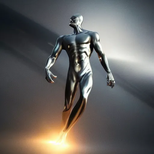 Image similar to full body pose, hyperrealistic photograph of silver surfer, dim volumetric lighting, 8 k, octane beautifully detailed render, extremely hyper detailed, intricate, epic composition, cinematic lighting, masterpiece, trending on artstation, very very detailed, stunning, hdr, smooth, sharp focus, high resolution, award, winning photo, dslr, 5 0 mm