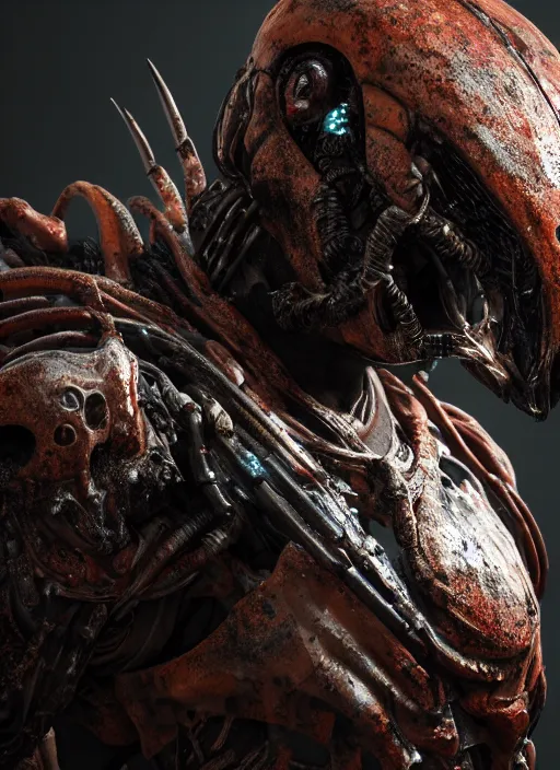 Image similar to a photorealistic dramatic hyperrealistic render of predator the alien hunter, ultra realistic details, well worn, rust, oil stains designed by vitaly bulgarov and mike nash, beautiful dramatic dark moody tones and lighting, cinematic atmosphere, studio lighting, global illumination, shadows, dark background, octane render, 8 k