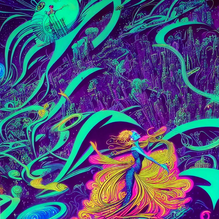 Image similar to cosmic girl hovers over mythical crystal city, psychedelic waves, synthwave, bright neon colors, highly detailed, cinematic, eyvind earle, tim white, philippe druillet, roger dean, ernst haeckel, lisa frank, aubrey beardsley