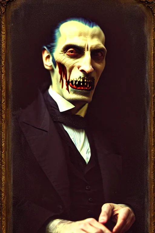 Prompt: photograph imax and solomon joseph solomon and richard schmid and jeremy lipking victorian loose genre loose painting full length portrait painting of dracula