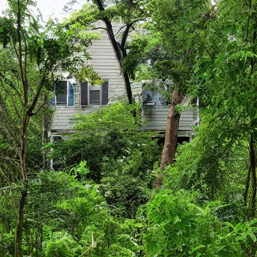 Image similar to poor neighborhood, overgrown, photo taken from a porch