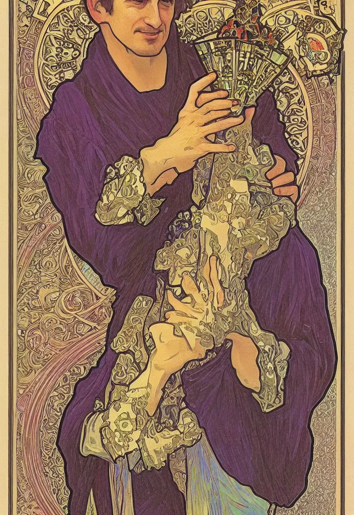 Image similar to geoffrey hinton in a crown on a tarot card, tarot in art style by alphonse mucha