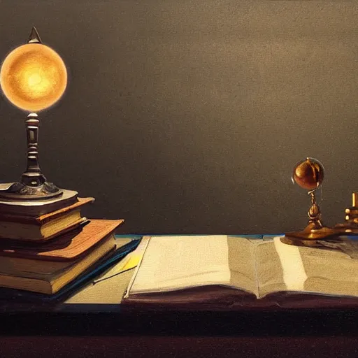 Prompt: a painting by greg rutkowski of a desktop in a dark room at night illuminated with by a small glowing orb. on the desk sits a closed book and a small wooden box with ornate sculptured decoration. also on the desk are, paper airplane, an ancient scroll scroll, pencils, pens, airplane magazine, high angle view, close up on book.