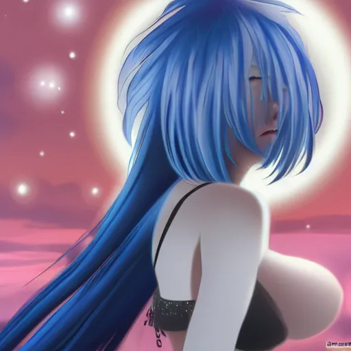 Image similar to a girl with blue hair is standing in front of a full moon, a screenshot by Jin Homura, featured on pixiv, gothic art, gothic, anime, official art