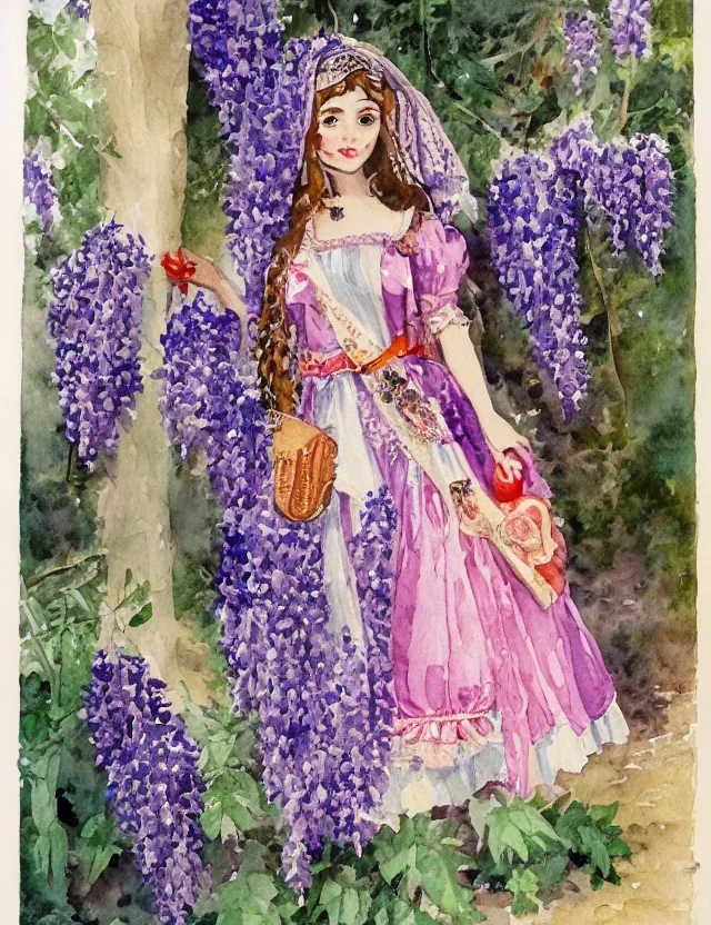 Prompt: middle eastern queen of the wisteria springs, wearing a lolita dress. this heavily stylized watercolor painting by an indie children's book illustrator has an interesting color scheme, plenty of details and impeccable lighting.