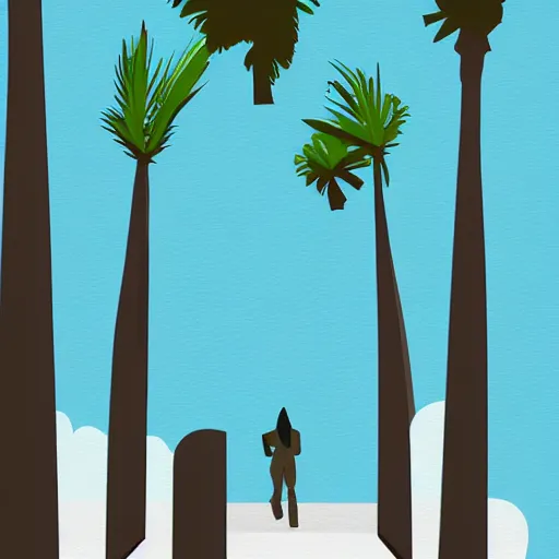 Image similar to woman walking with backdrop showing the sky, palm trees. in minimal colourful geometric illustration style digital painting