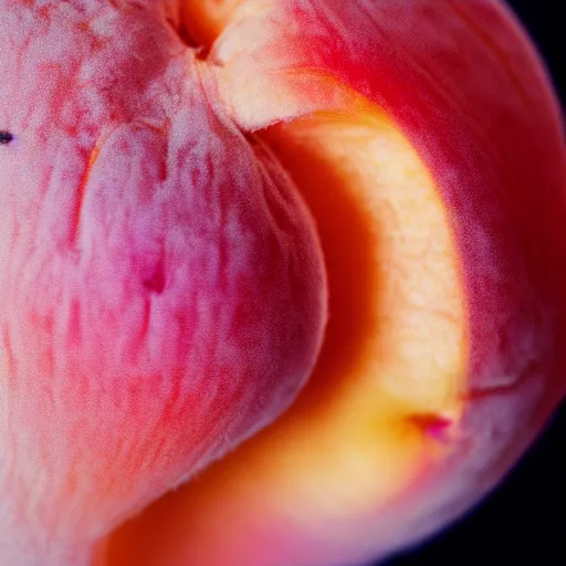 Image similar to a macro photo of a round peach's dry hairy skin, hyper realistic, hyper detailed, 35mm, very grainy film, pink volumetric studio lighting, bokeh, black background award winning shot, vogue magazine, cinematic, 8k, very closeup, elegant, tender, pastel