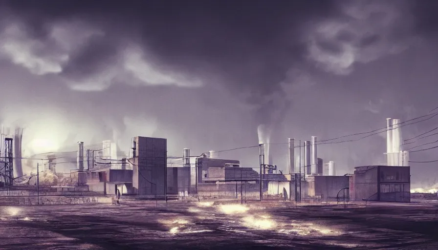 Prompt: Outside a Factory, Glowing Nuclear Waste Fluids Gush out of a Nuclear Facility, Dystopian, Hyperrealistic Rendering, Cinematic Lighting, High Contrast