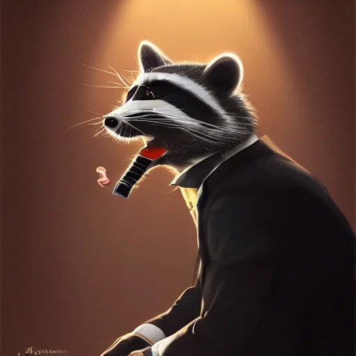 Image similar to a racoon wearing a suit smoking a cigar, dramatic lighting, cinematic, establishing shot, extremly high detail, photorealistic, cinematic lighting, artstation, style by James Gurney