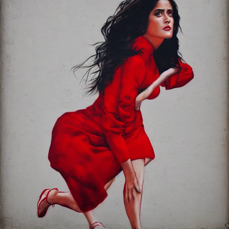 Image similar to Street-art mid-short portrait of Salma Hayek wearing red dress in style of Etam Cru, photorealism, Sony a7R