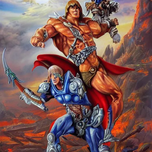 Image similar to masters of the universe, highly detailed oil painting