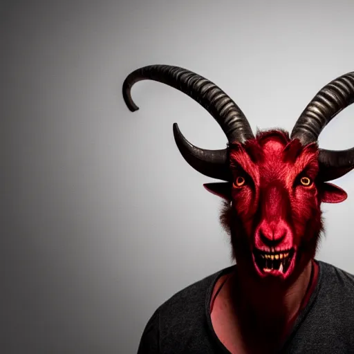 Image similar to a man with small goat horns growing from his head. glowing red eyes and sharp teeth. portrait photography, studio lighting, cinematic, chilling 4 k