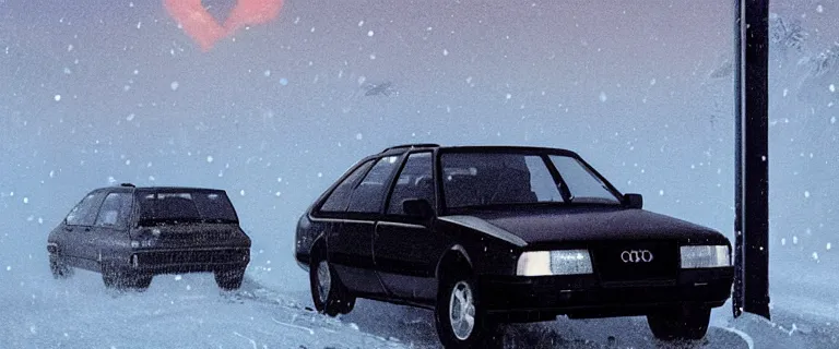 Image similar to Aqua Metallic Audi 80 RS 2 Avant (1995), black car, a gritty neo-noir, dramatic lighting, cinematic, eerie person silhouette, death, homicide, establishing shot, extremely high detail, photorealistic, cinematic lighting, artstation, by simon stalenhag, Max Payne (PC) (2001) winter new york at night, flashing lights, Poets of the Fall - Late Goodbye