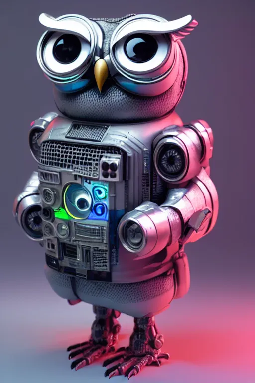 Image similar to high quality 3 d render very cute cyborg owl! with boombox!, cyberpunk highly detailed, unreal engine cinematic smooth, in the style of blade runner & detective pikachu, hannah yata charlie immer, moody light, low angle, uhd 8 k, sharp focus