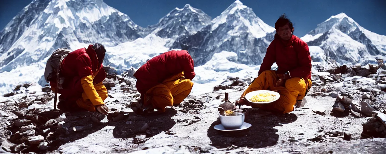 Image similar to the best chef in the world making a meal on top of mount everest, canon 5 0 mm, cinematic lighting, photography, retro, film, kodachrome