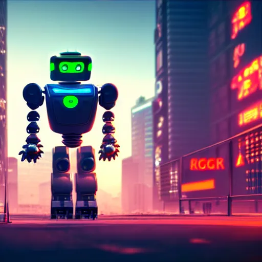 Image similar to a cute big robots in a cyberpunk city. super realistic 8 k render of a elegant, cinematic composition