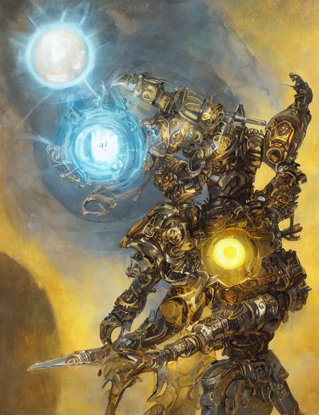 Prompt: full body, attack position Ciurlionis, Mikalojus Konstantinas and Ross Tran painting in lush fantasy environment of a ornate holy mechanical warforged with circular glowing eye, character in yellow armor holding a legendary paladin engraved holy great longsword and carrying a huge heavy paladin shield, vertically flat head, face in focus, epic , trending on ArtStation, masterpiece, cinematic lighting