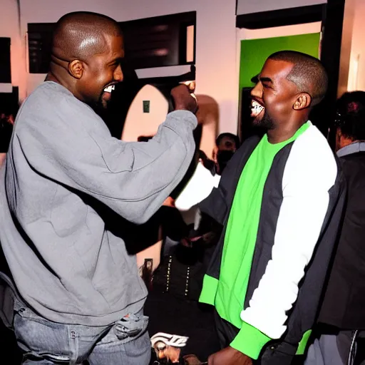 Prompt: Kanye East telling Kanye West jokes, both laughing and having a good time
