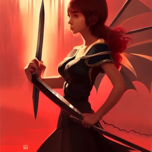 Prompt: a woman holding a sword with a dragon on it, concept art by Ilya Kuvshinov, contest winner, fantasy art, official art, concept art, high detail, experimental, high quality, hyperrealistic, 4k