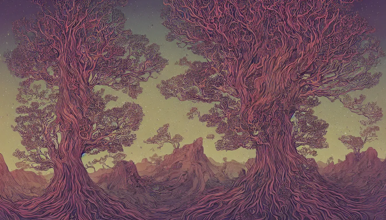 Prompt: giant tree in a meadow, chinese ink brush, yukio - e, kilian eng, victo ngai, josan gonzalez