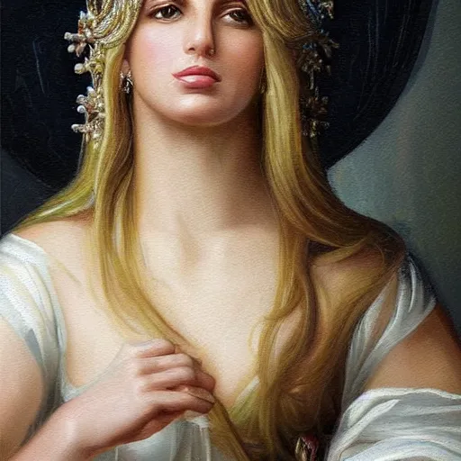 Prompt: neoclassical oil painting depicting britney spears as a queen, 8 k, very detailed, very intricate,