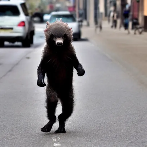 Prompt: honey badger walking down the street ignoring people shouting at him