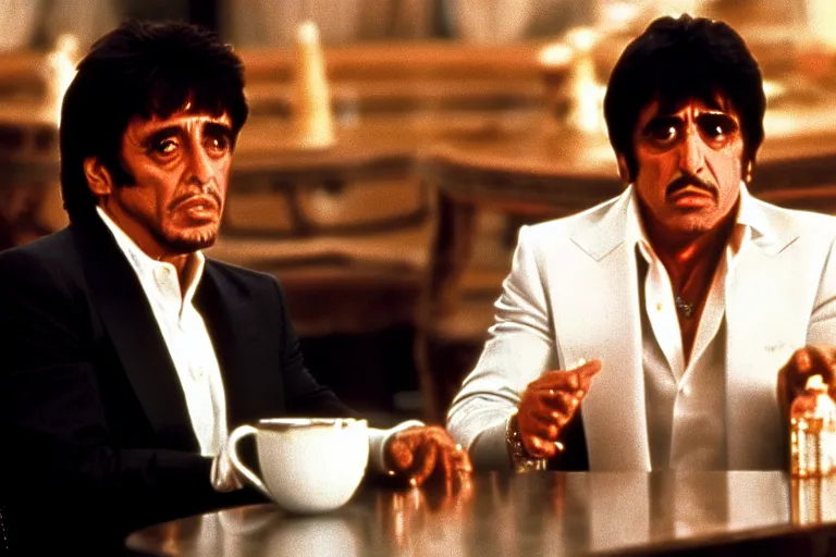 Image similar to tony montana from movie scarface 1 9 8 3 sitting behind a big black oak table with big large packages of flour. al pacino. perfect symmetric face, coherent eyes, ron cobb, fine details, 4 k. last scene from scarface movie, bokeh