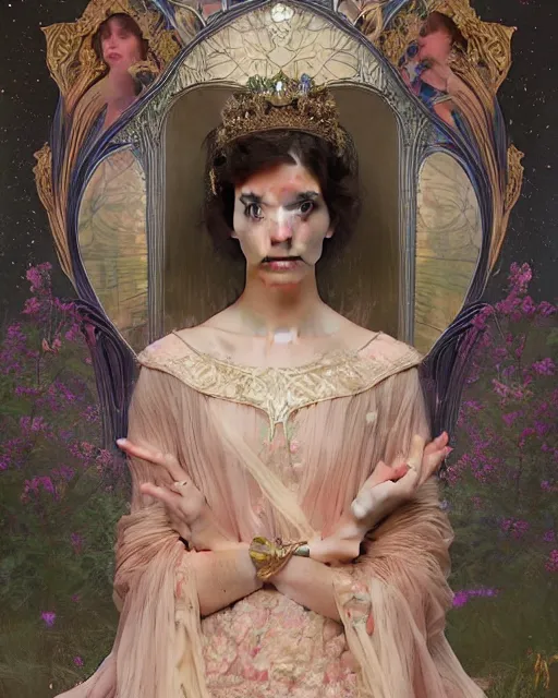 Image similar to a beautiful portrait painting of a shy, blushing princess in a tiara and an iridescent art nouveau gown resembling millie bobby brown watching the lantern festival, intricate, elegant, highly detailed, digital painting, artstation, concept art, by krenz cushart and artem demura and william adolph bouguereau and alphonse mucha