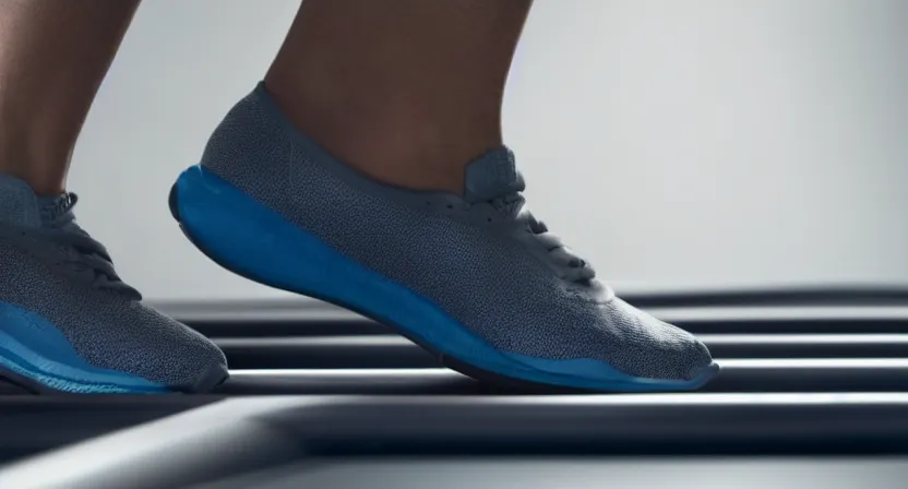 Prompt: close up on worn out running shoes running on a treadmill. cinematic lighting. dark. moody. octane render. blue grey tones.