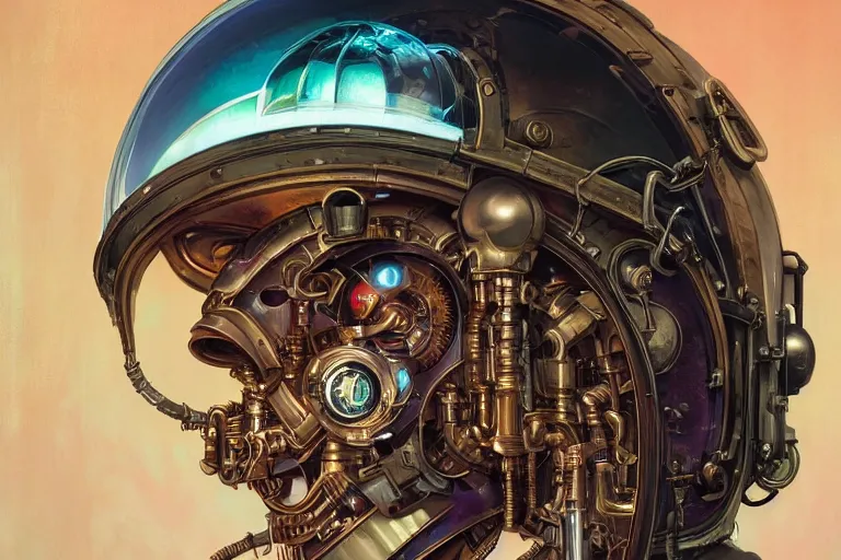 Image similar to portrait of a biomechanical head inside a steampunk space helmet, vintage transistors, neon, white metal, iridescent visor, distant memories, art by Greg Rutkowski and artgerm and Alphonse Mucha,