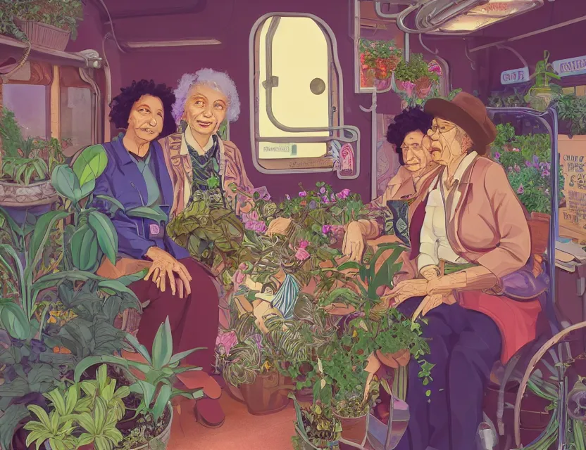 Image similar to elderly lesbian multiracial couple travelling on a steampunk vaporwave train with potted plants. complementary colors, gouache, indie concept art, bloom, chiaroscuro, backlighting, intricate details.